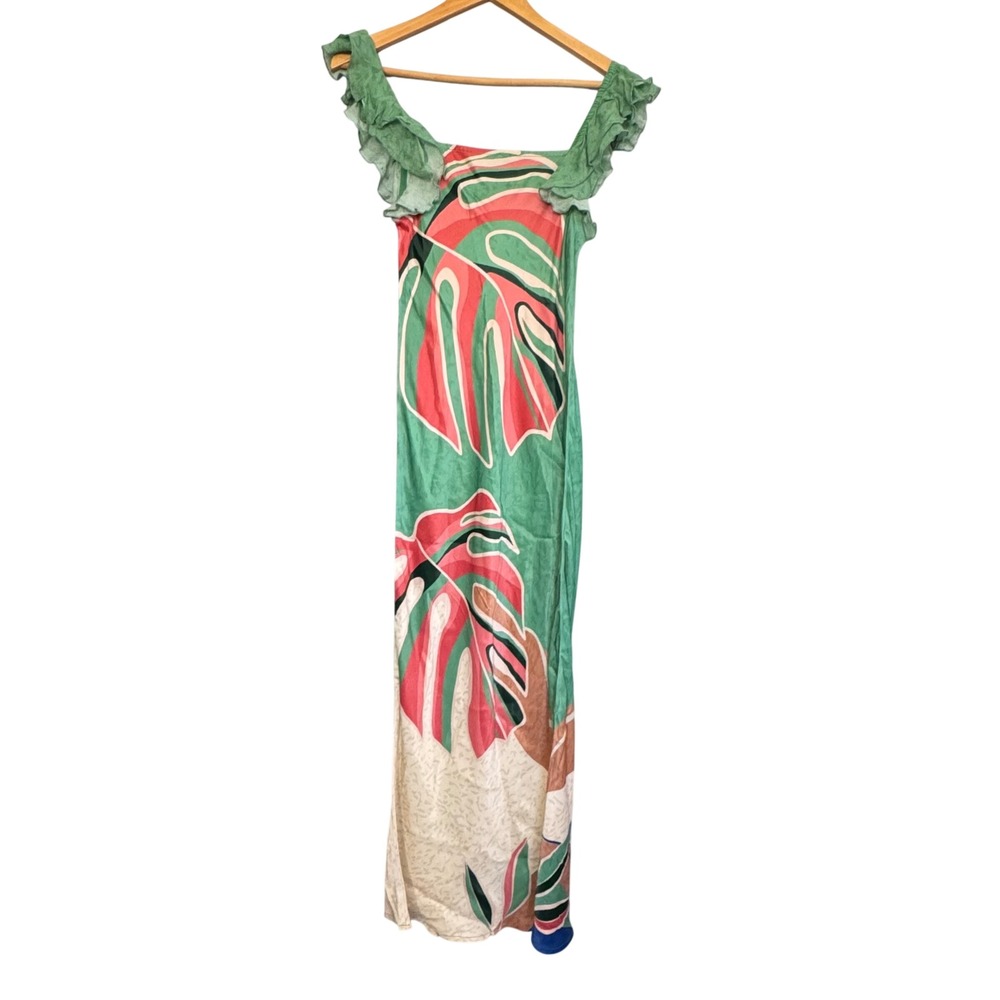 Bl-nk London Maxi Dress Sz Small Tropical Monstera Botanical Ruffle Coastal Boho